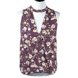 Lush Floral Plunge Neck Sleeveless Blouse, Purple, Medium